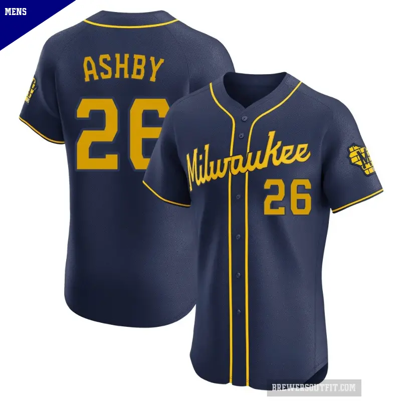 Men's No.26 Aaron Ashby Milwaukee Brewers Navy Elite Alternate Jersey