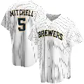 Men's No.5 Garrett Mitchell Milwaukee Brewers White Replica Home Jersey