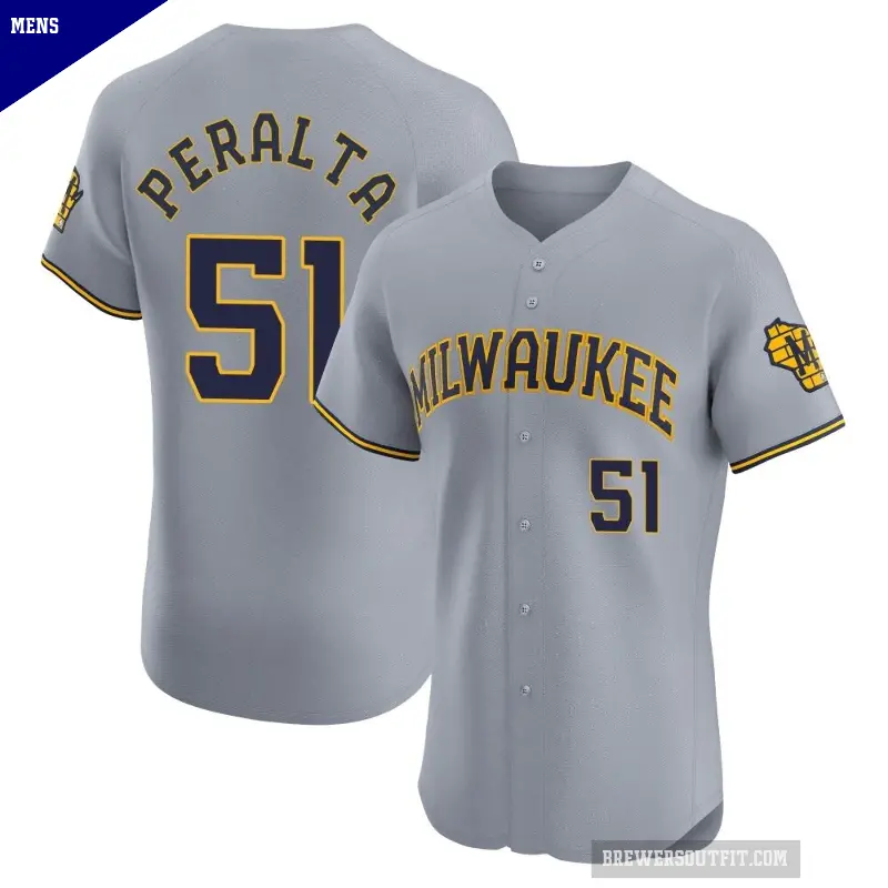 Men's No.51 Freddy Peralta Milwaukee Brewers Gray Elite Road Jersey