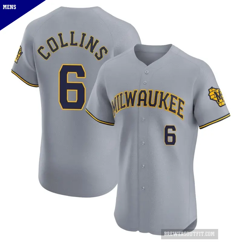 Men's No.6 Isaac Collins Milwaukee Brewers Gray Elite Road Jersey