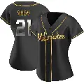 Women's No.21 Matt Bush Milwaukee Brewers Gold Replica Black en Alternate Jersey