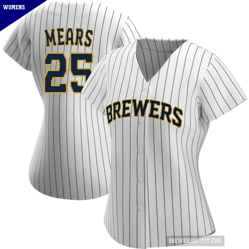 Women's No.25 Nick Mears Milwaukee Brewers White/Navy Replica Alternate Jersey