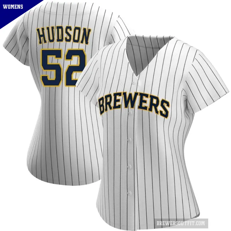Women's No.52 Bryan Hudson Milwaukee Brewers White/Navy Authentic Alternate Jersey