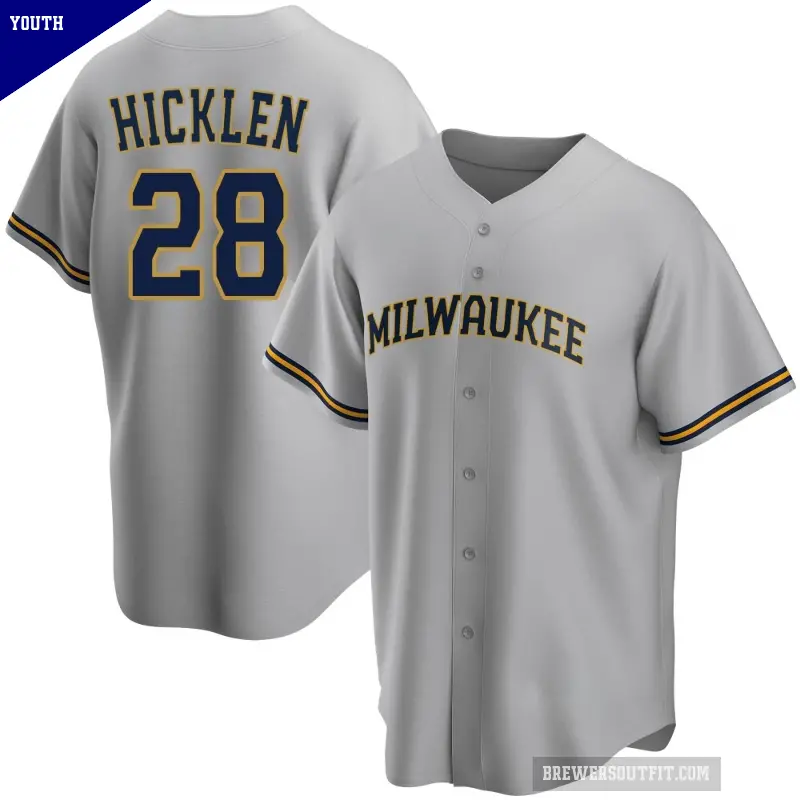 Youth No.28 Brewer Hicklen Milwaukee Brewers Gray Replica Road Jersey