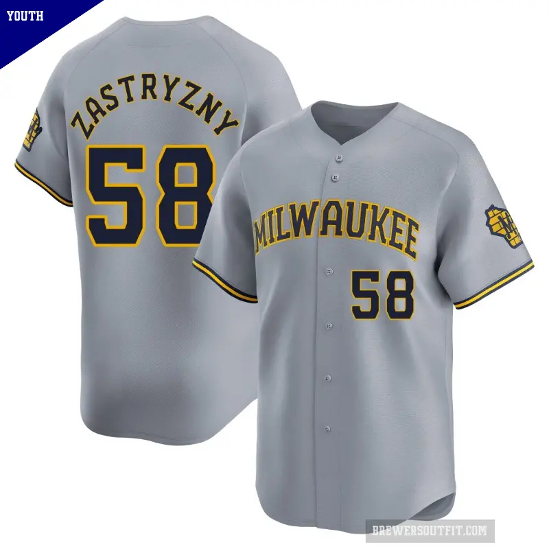 Youth No.58 Rob Zastryzny Milwaukee Brewers Gray Limited Away Jersey